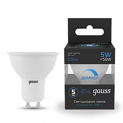 Лампа Gauss MR16 5W 530lm 6500K GU10 диммируемая LED 1/10/100