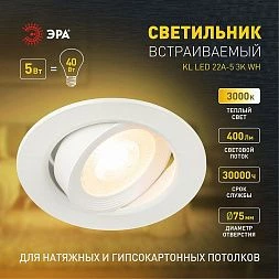 KL LED 22A-5 3K WH Светильник ЭРА светодиодный круглый поворотн. LED SMD 5W 3000K, белый (100/1600)