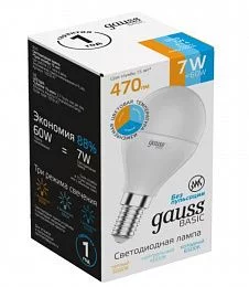 Лампа Gauss Basic Шар 7W 470lm 3000K-4000K-6500K Е14 изм.цвет.темп. LED 1/10/100