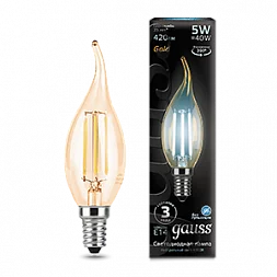 Лампа Gauss Filament Свеча на ветру 5W 420lm 4100К Е14 golden LED 1/10/50